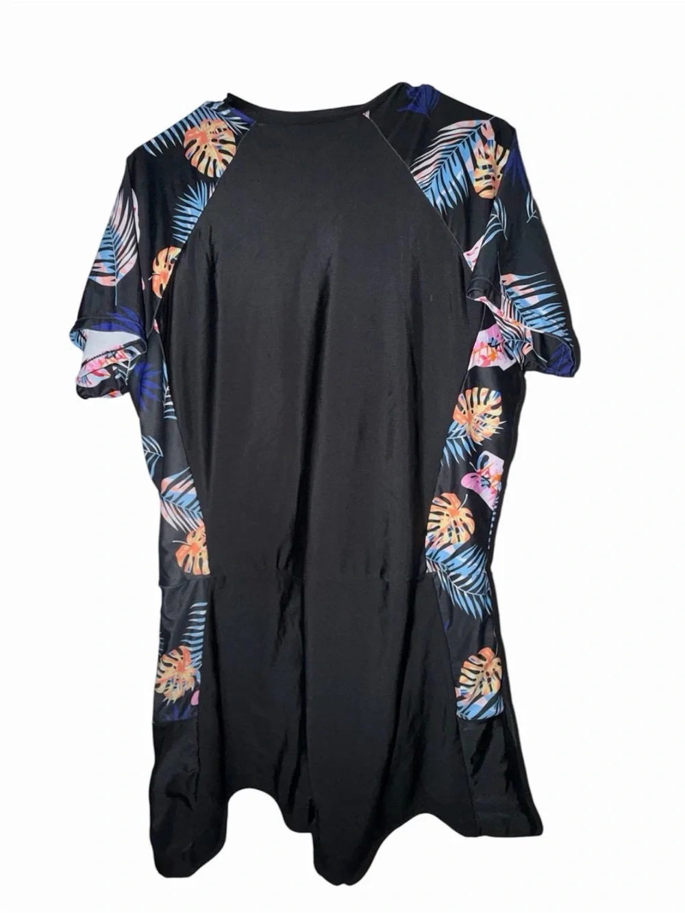 Zip Front Tropical Print One Piece Swimsuit Black Floral
